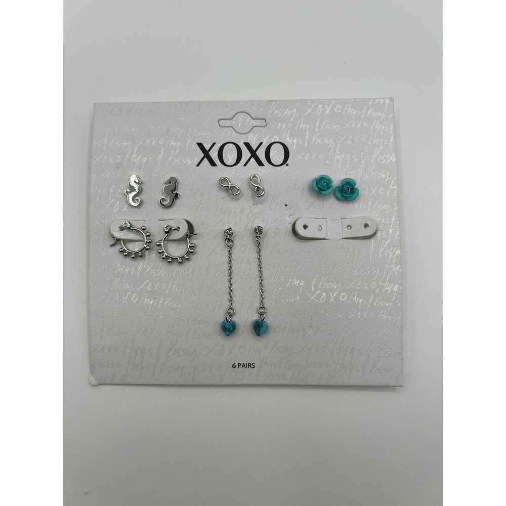 XOXO Silver Tone Earring Set 6 Pairs Seahorse Rose Heart Infinity Hoops Blue